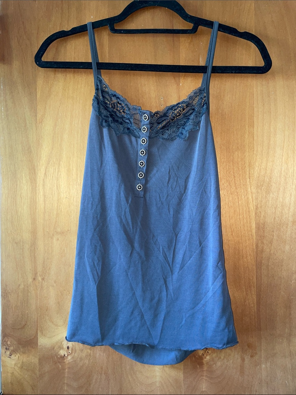 POL Slate Blue Lace-Trim Button Front Cami Tank